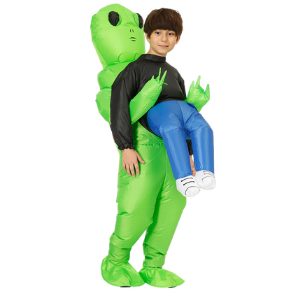 Belro inflatable alien costume showing green alien suit with helmet and arms, perfect for cosplay or themed events.