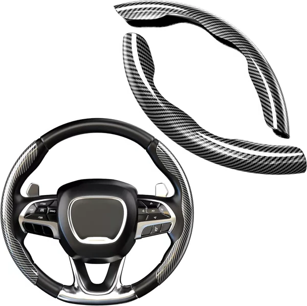 Belro universal carbon fiber snap-on steering wheel cover, showcasing a sleek, black carbon fiber design with secure snap-on attachment.