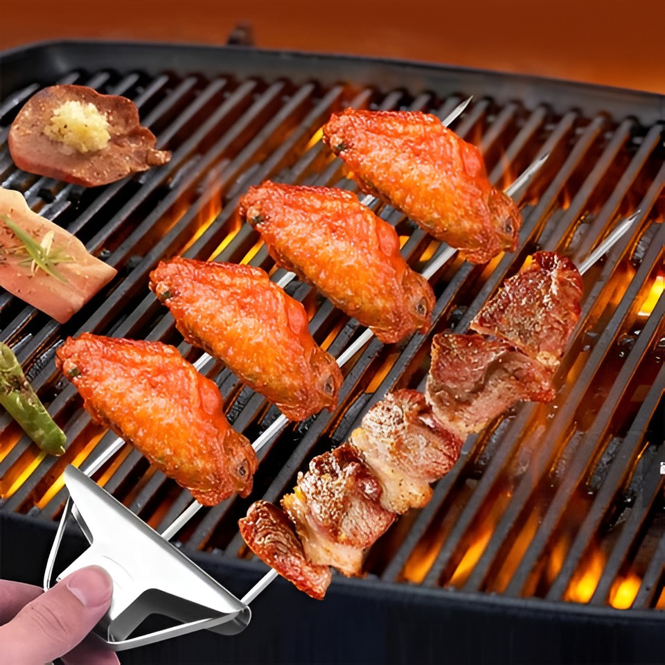 Belro three-prong grill skewer set for outdoor cooking, stainless steel skewers with three prongs for even grilling.
