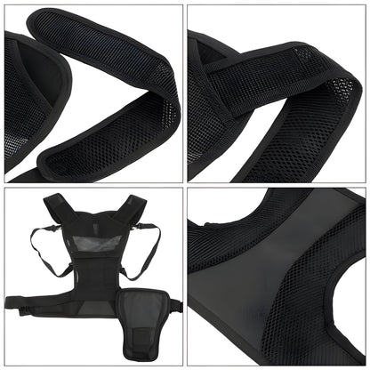 Belro dual camera chest harness system attached to a person, designed for hands-free video recording and photography.