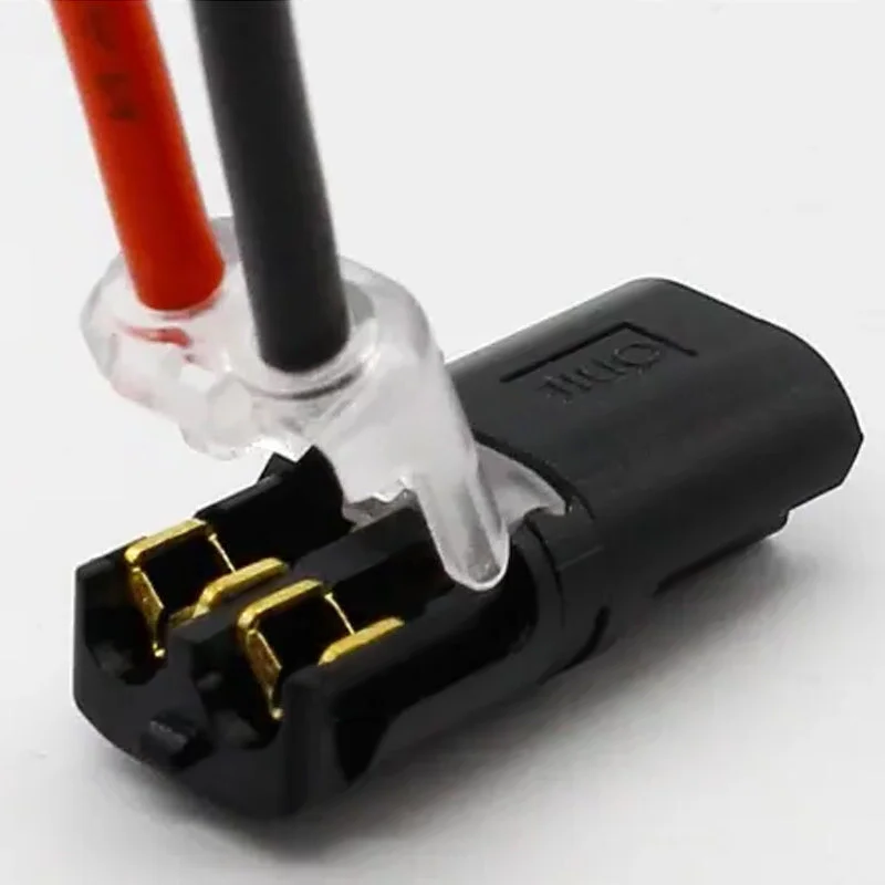 Belro double-wire push-in connector with locking buckle for electronics, showing the connector with wires inserted and secure locking mechanism.