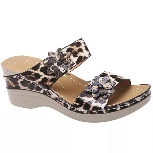 Belro leopard and snake print orthopedic leather wedge sandals with soft soles, stylish footwear for comfortable summer wear.