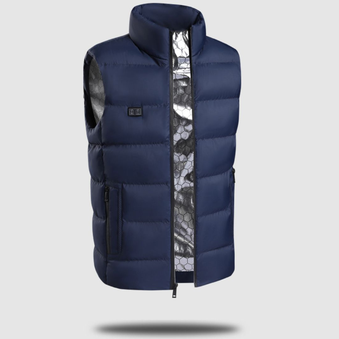 Belro heated gilet for women and men, activewear clothing with adjustable heating panels, designed for outdoor winter warmth.