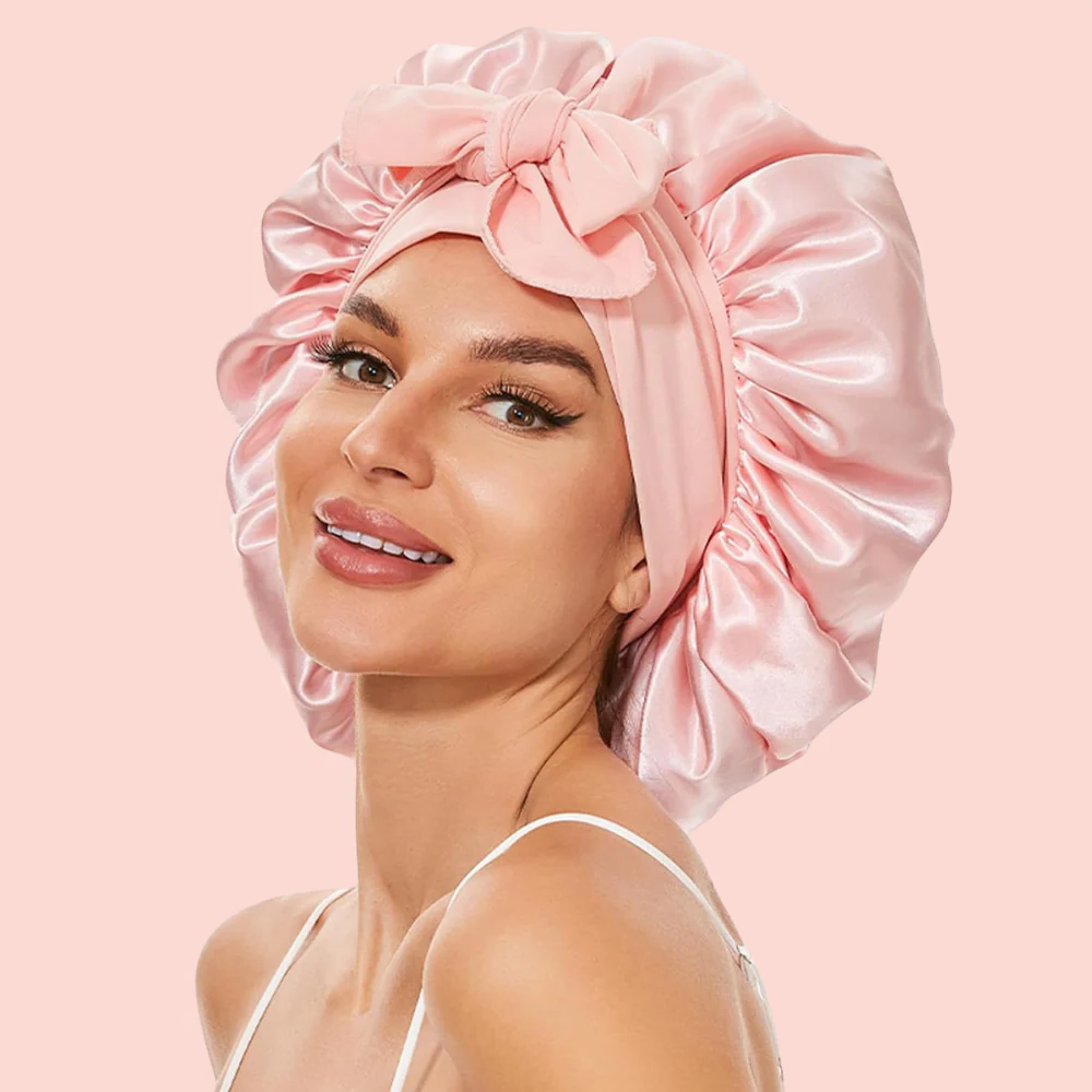 Belro All-Night Silk Bonnet secured on hair, designed to stay on overnight, soft silk material, ideal for hair protection and comfort