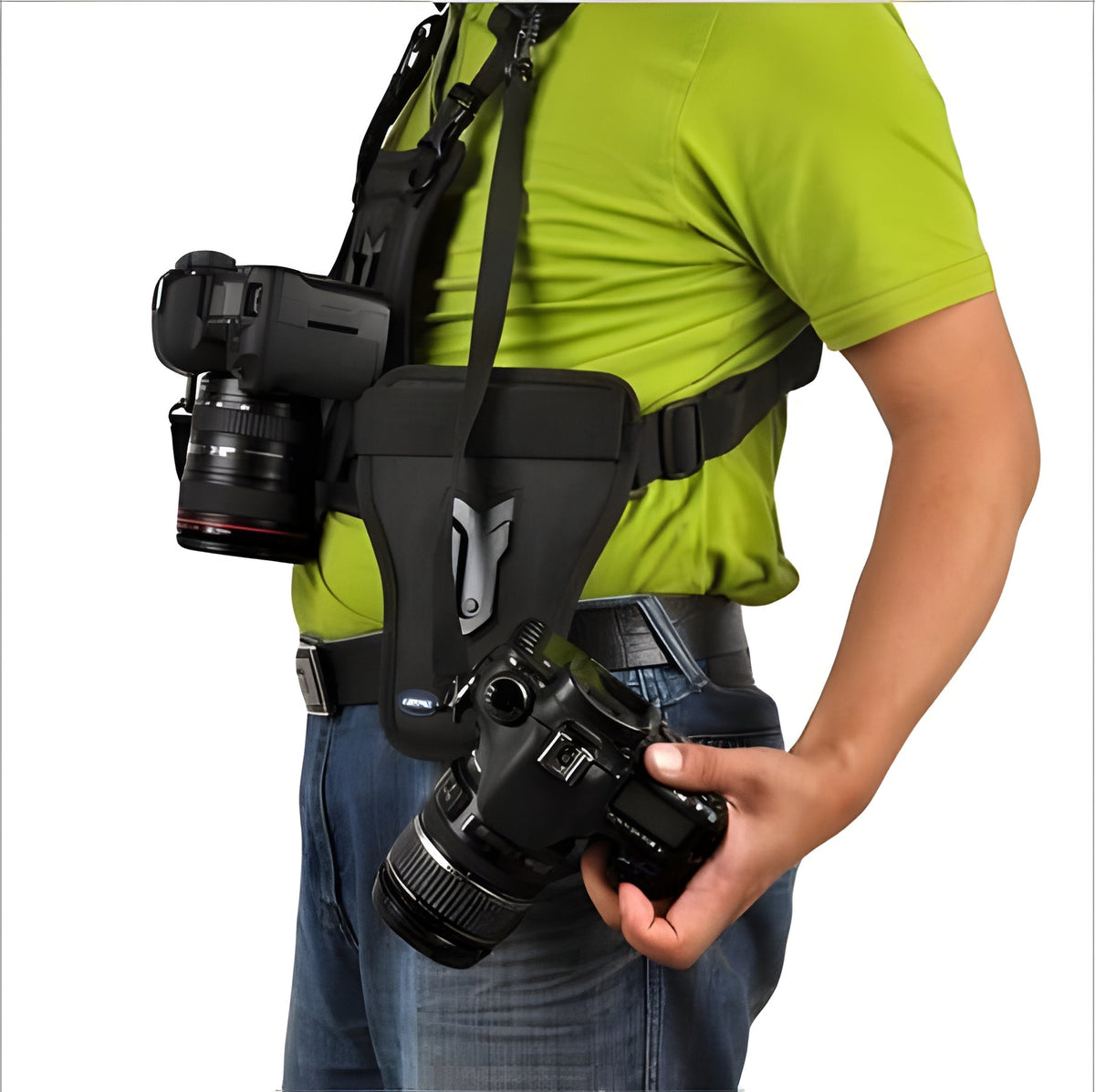 Belro dual camera chest harness system with adjustable straps and camera mounts, designed for hands-free video recording.