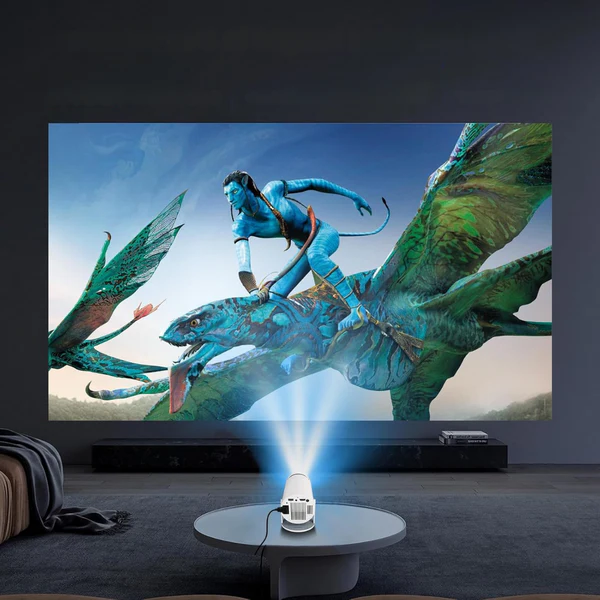 Belro HD Smart 4K projector displaying vibrant visuals on a white wall in a modern living room setting.
