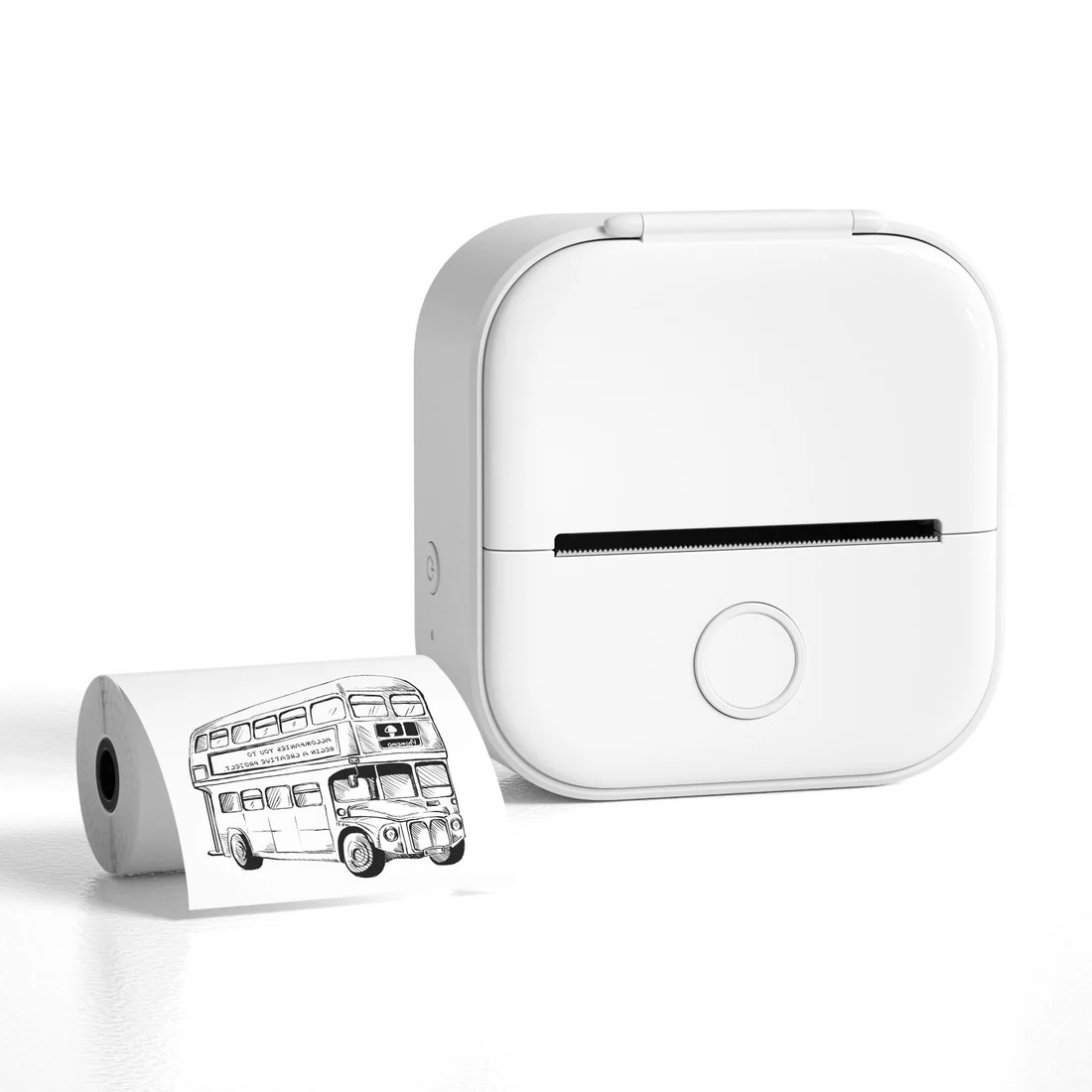 Belro portable mini thermal label printer for home use, showing printed labels and compact electronic design.