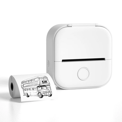 Belro portable mini thermal label printer for home use, showing printed labels and compact electronic design.