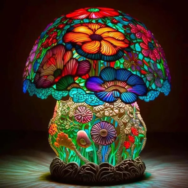 Belro stained glass plant series table lamp with colorful, decorative glass shade on a wooden desk.