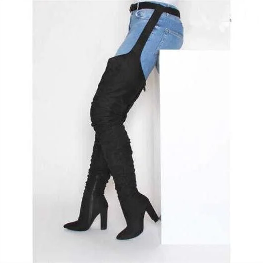 Women’s faux suede thigh-high belted boots with chunky high heels and slouch design, over-the-knee footwear by Belro.