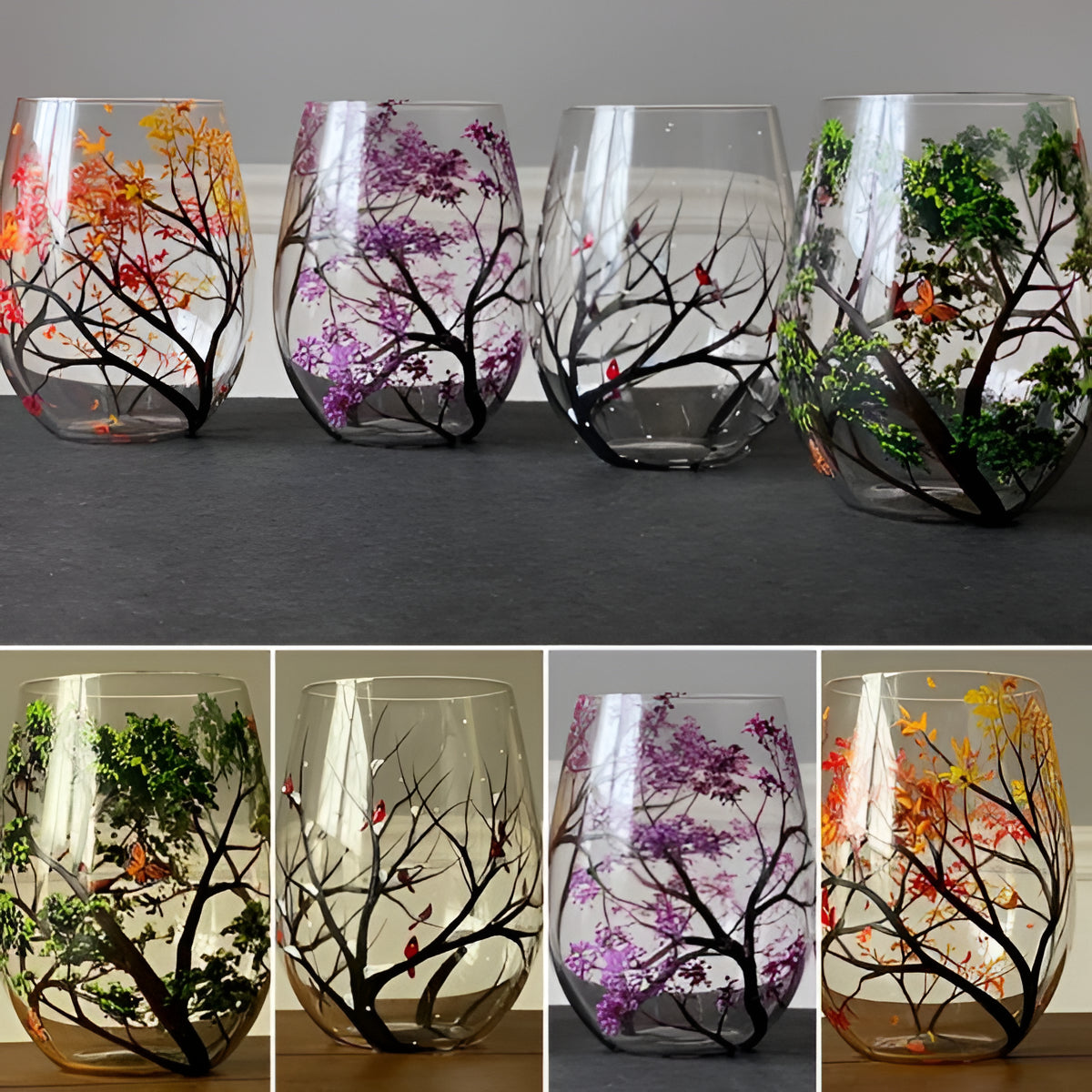 Hand-painted Four Seasons Tree wine glasses by Belro, elegant glassware accessory with colorful seasonal artwork.