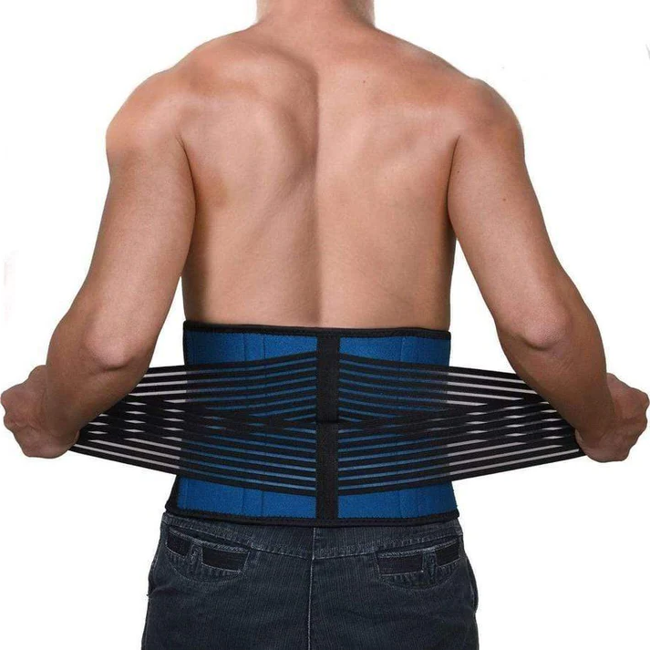 Black Belro back support brace for lower back and lumbar pain, adjustable suspenders with padded straps and lumbar support.