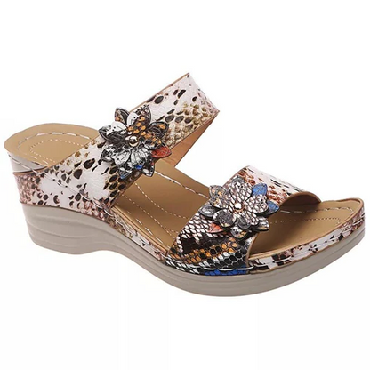 Belro leopard and snake print orthopedic leather wedge sandals with soft sole, stylish and comfortable footwear for casual wear.