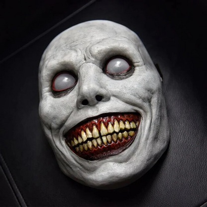 Belro creepy smiling face evil mask with white demon eyes, perfect for costumes, featuring a sinister smiling expression.