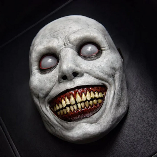 Belro creepy smiling face evil mask with white demon eyes, perfect for costumes, featuring a sinister smiling expression.