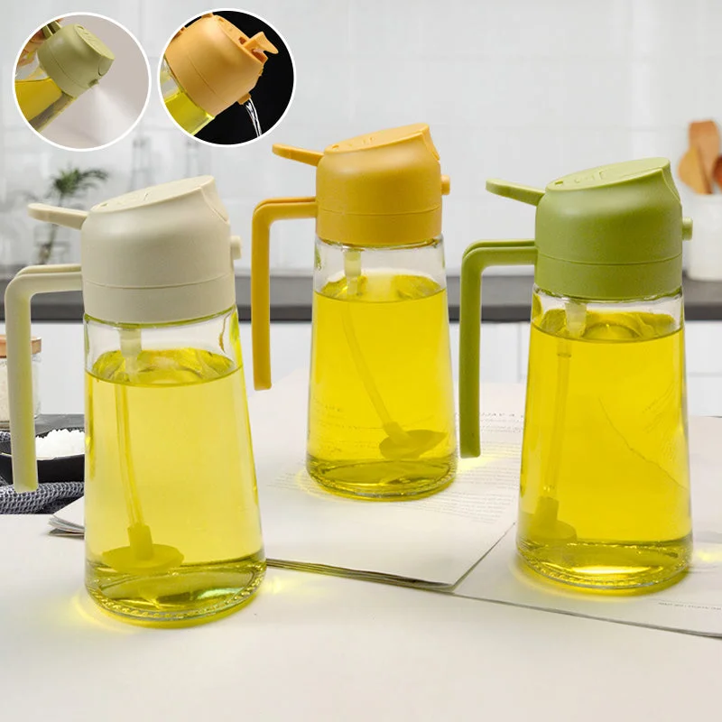 Belro 2-in-1 glass oil sprayer and dispenser for kitchen use, featuring a clear glass container with a pump and spray nozzle.