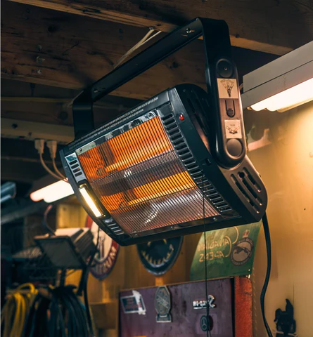 Belro outdoor electric wall-mounted infrared patio heater in a garden setting, designed for outdoor heating and comfort.