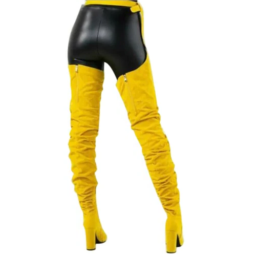 Women’s faux suede thigh-high belted boots with chunky high heels and slouch design, over-the-knee footwear by Belro.