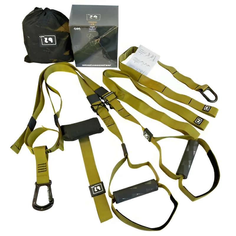 Belro men's home gym suspension resistance straps hanging on a wall for strength training and fitness exercises.