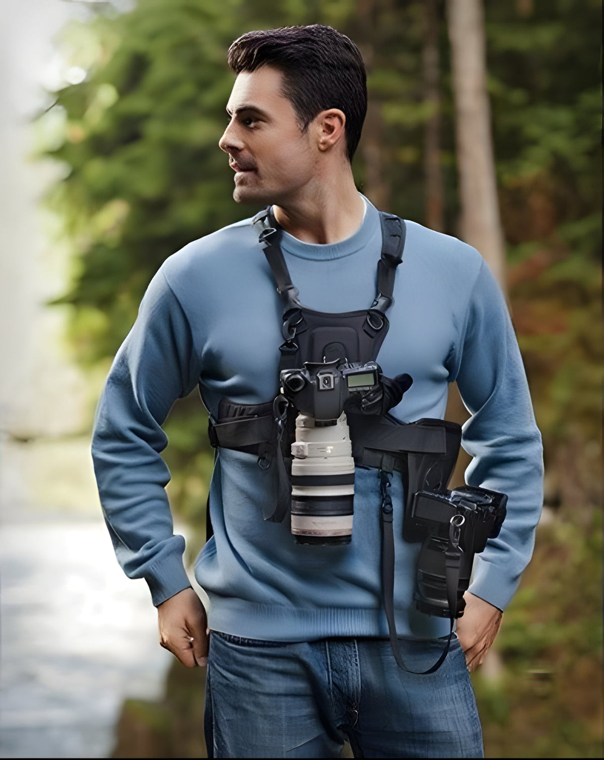 Belro dual camera chest harness system with adjustable straps for hands-free video recording and photography.