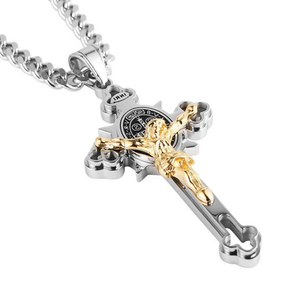 Belro St. Benedict Crucifix Cross Pendant Necklace for automotive use, featuring detailed religious symbol and durable design.