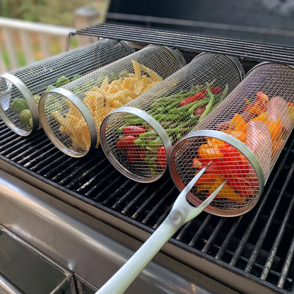 Belro stainless steel rolling BBQ grill basket for outdoor grilling, with a sturdy handle and perforated surface for even cooking.