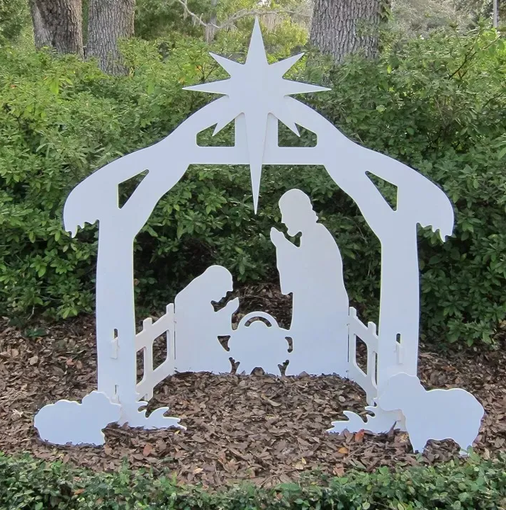 Belro Holy Night outdoor Christmas nativity set with figures of Mary, Joseph, baby Jesus, angels, and animals for holiday décor.