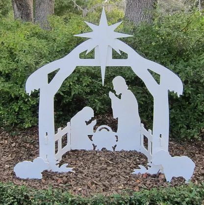 Belro Holy Night outdoor Christmas nativity set with figures of Mary, Joseph, baby Jesus, angels, and animals for holiday décor.