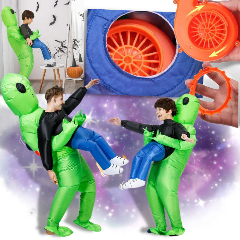 Belro inflatable alien costume with bright green body and large head, designed for fun dress-up and costume parties.