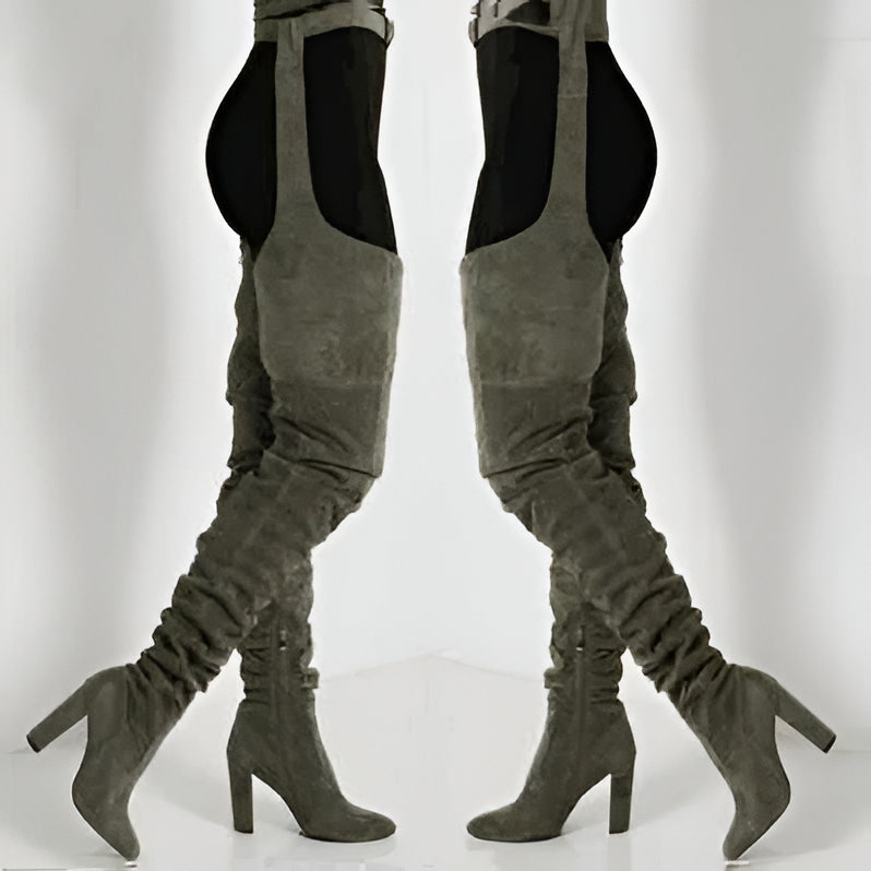 Belro women's faux suede thigh-high slouch boots with chunky heels and belted waist, over-the-knee footwear with high heels.