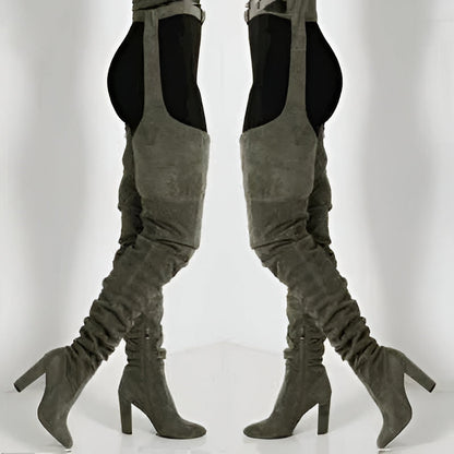 Belro women's faux suede thigh-high slouch boots with chunky heels and belted waist, over-the-knee footwear with high heels.