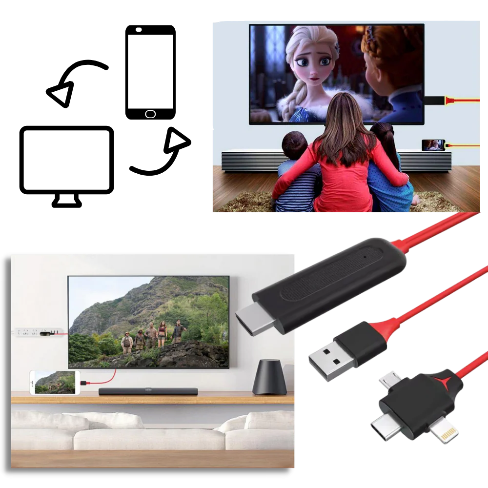 Belro HDMI adapter cable connected to a phone, used for connecting phones and tablets to HDMI-compatible devices.