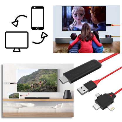 Belro HDMI adapter cable connected to a phone, used for connecting phones and tablets to HDMI-compatible devices.