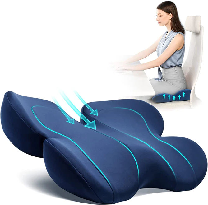 Belro seat cushion for tailbone pain relief, showing ergonomic design and supportive foam for pressure reduction and comfort.