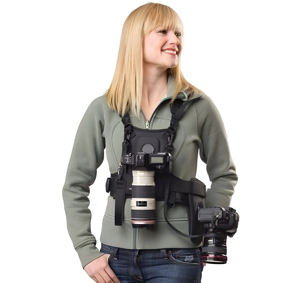 Belro dual camera chest harness system with adjustable straps and camera mounts for hands-free filming and recording.