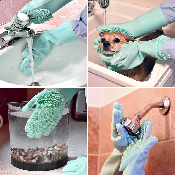 Belro Magic Silicone Dishwashing Gloves in blue, reusable cleaning gloves with textured surface for effective kitchen cleaning.