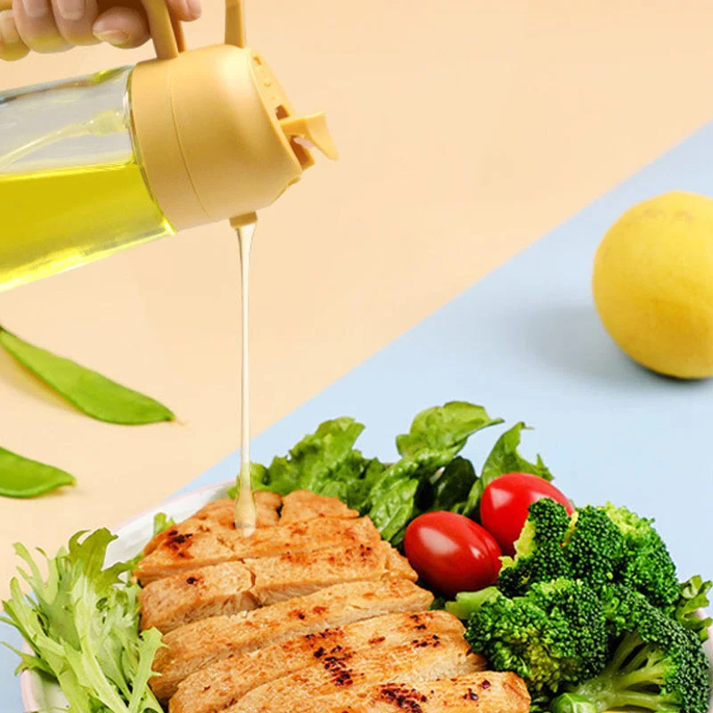 Belro 2-in-1 glass oil sprayer and dispenser for kitchen use, featuring a clear glass container with a spray nozzle.