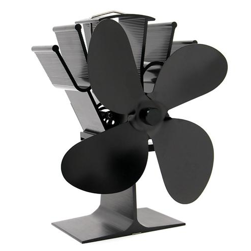 Belro heat powered fireplace fan in outdoor home and garden setting, showing device used to efficiently distribute warm air.