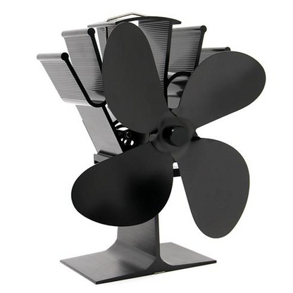 Belro heat powered fireplace fan in outdoor home and garden setting, showing device used to efficiently distribute warm air.