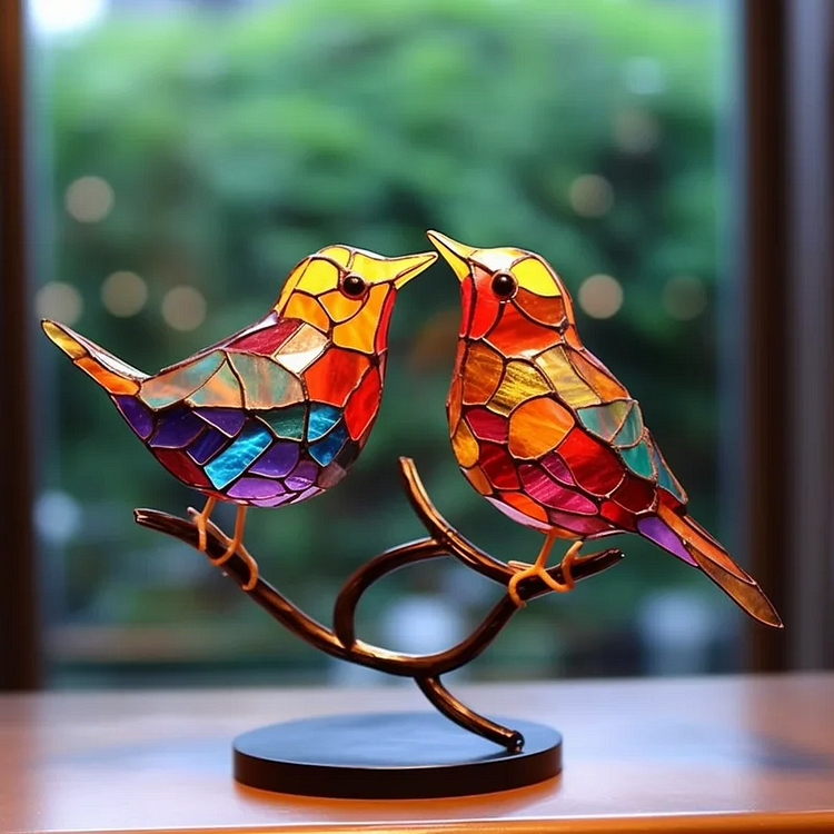 Colorful bird ornaments on a branch, decorative desktop decor by Belro, vibrant home and garden bird figurines display.