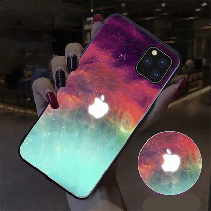 Belro LED glowing iPhone case with illuminated sides, transparent back, and sleek design for electronic phone accessory.