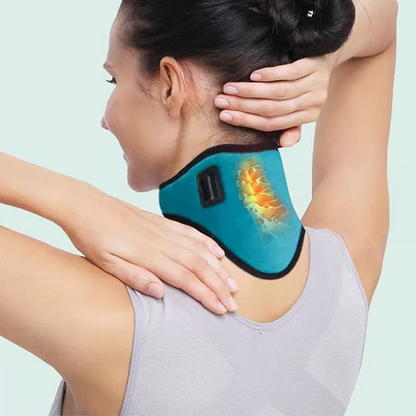 Belro electric heating neck brace for pain relief, worn as an accessory with adjustable suspenders in a close-up view.