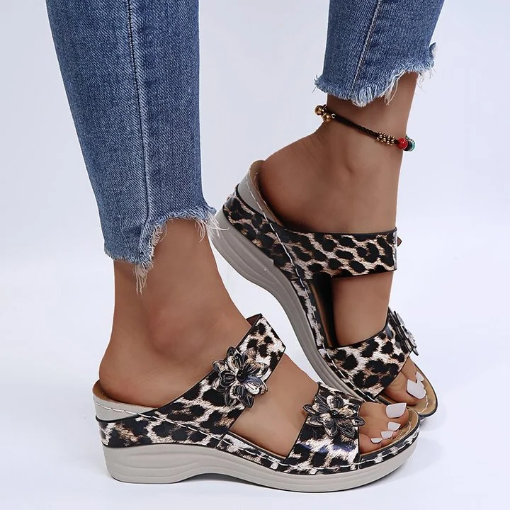 Belro leopard and snake print orthopedic leather wedge sandals with soft soles, stylish and comfortable footwear for women.