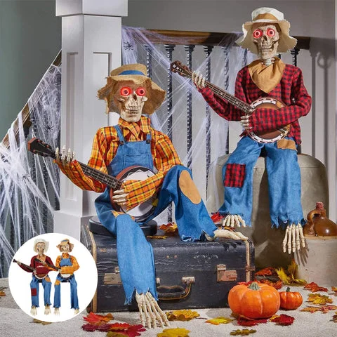 Funny animated dueling banjo skeletons graphic T-shirt for men by Belro, featuring humorous skeletons playing banjos.