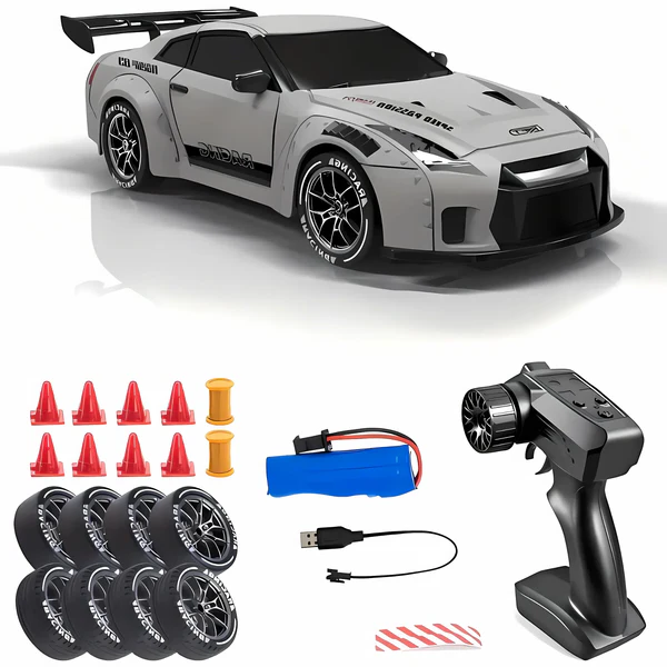 Belro Retro Drift Master 4WD RC car with LED lights, showcasing its sleek automotive design and vibrant lighting.