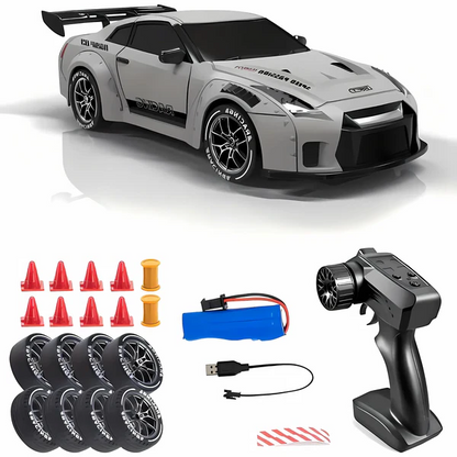 Belro Retro Drift Master 4WD RC car with LED lights, showcasing its sleek automotive design and vibrant lighting.
