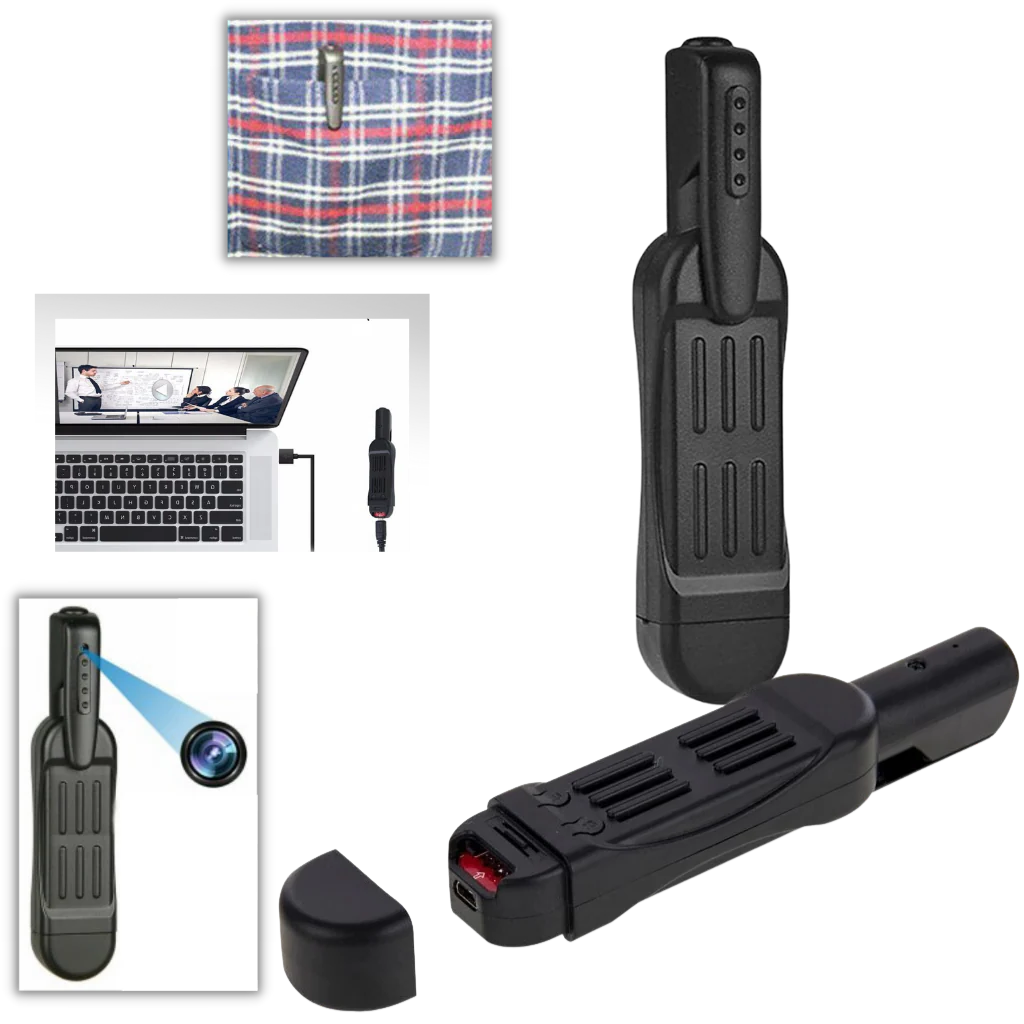 Belro Mini Pen Camera showing a sleek black pen-shaped camcorder with a small lens on the front, designed for discreet recording.