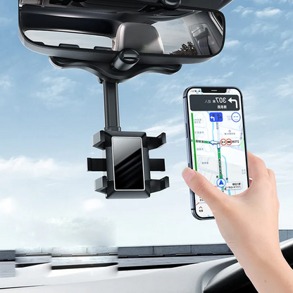 Belro rotatable and retractable car phone holder mounted on rearview mirror, 360-degree adjustable phone mount for cars.