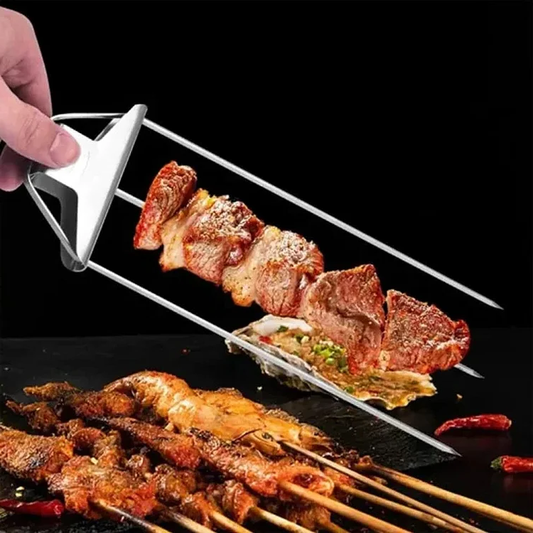 Belro three-prong grill skewer set with stainless steel prongs and wooden handles for outdoor grilling and barbecues.