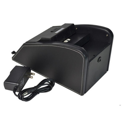 Belro electric card shuffling machine for automotive use, showing the compact device with card output tray and control panel.